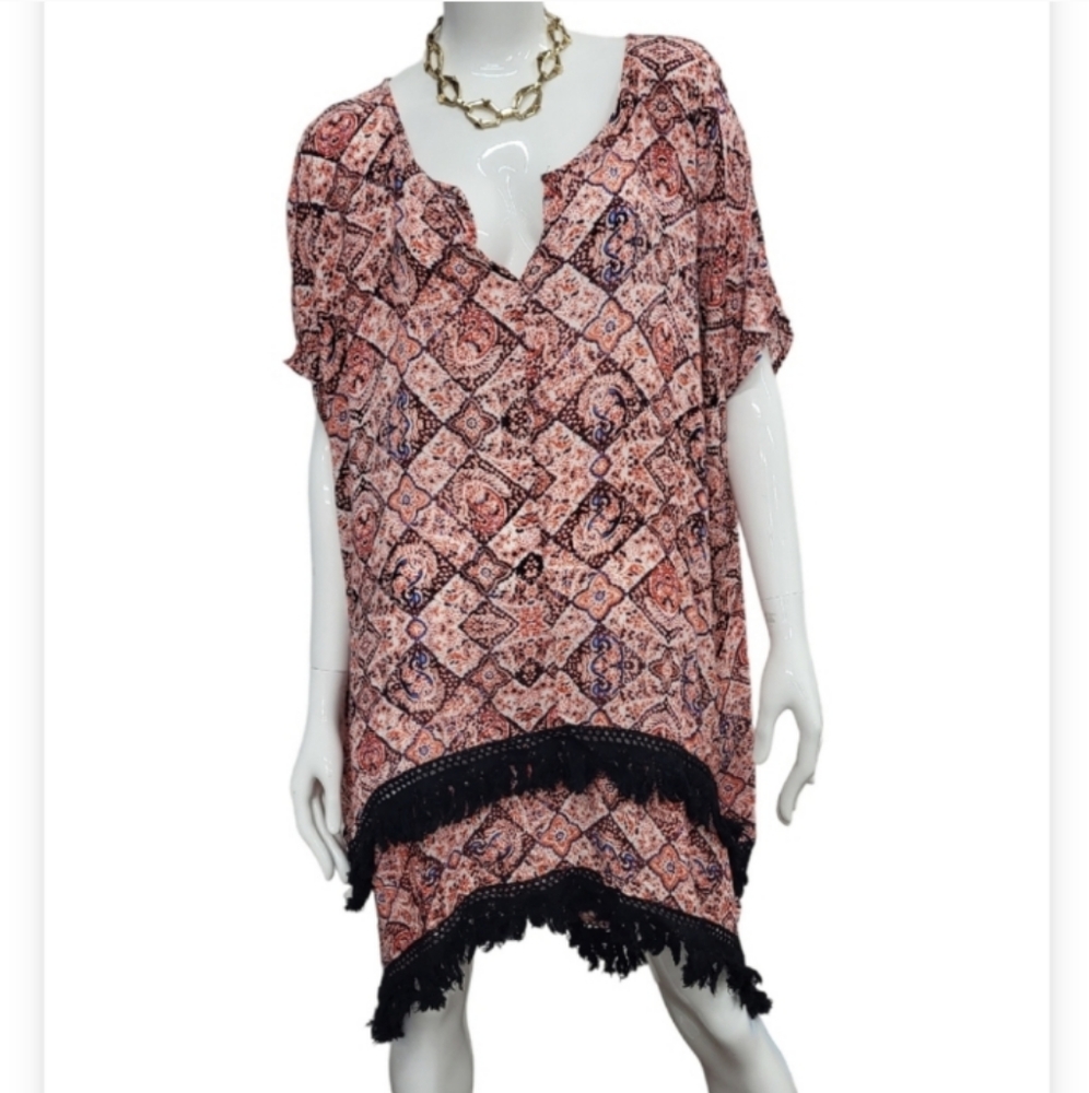 ❗ CLEARANCE❗Gypsy05 Mitram Printed Rayon Viole Hi/Lo Coverup In Red/Cobalt